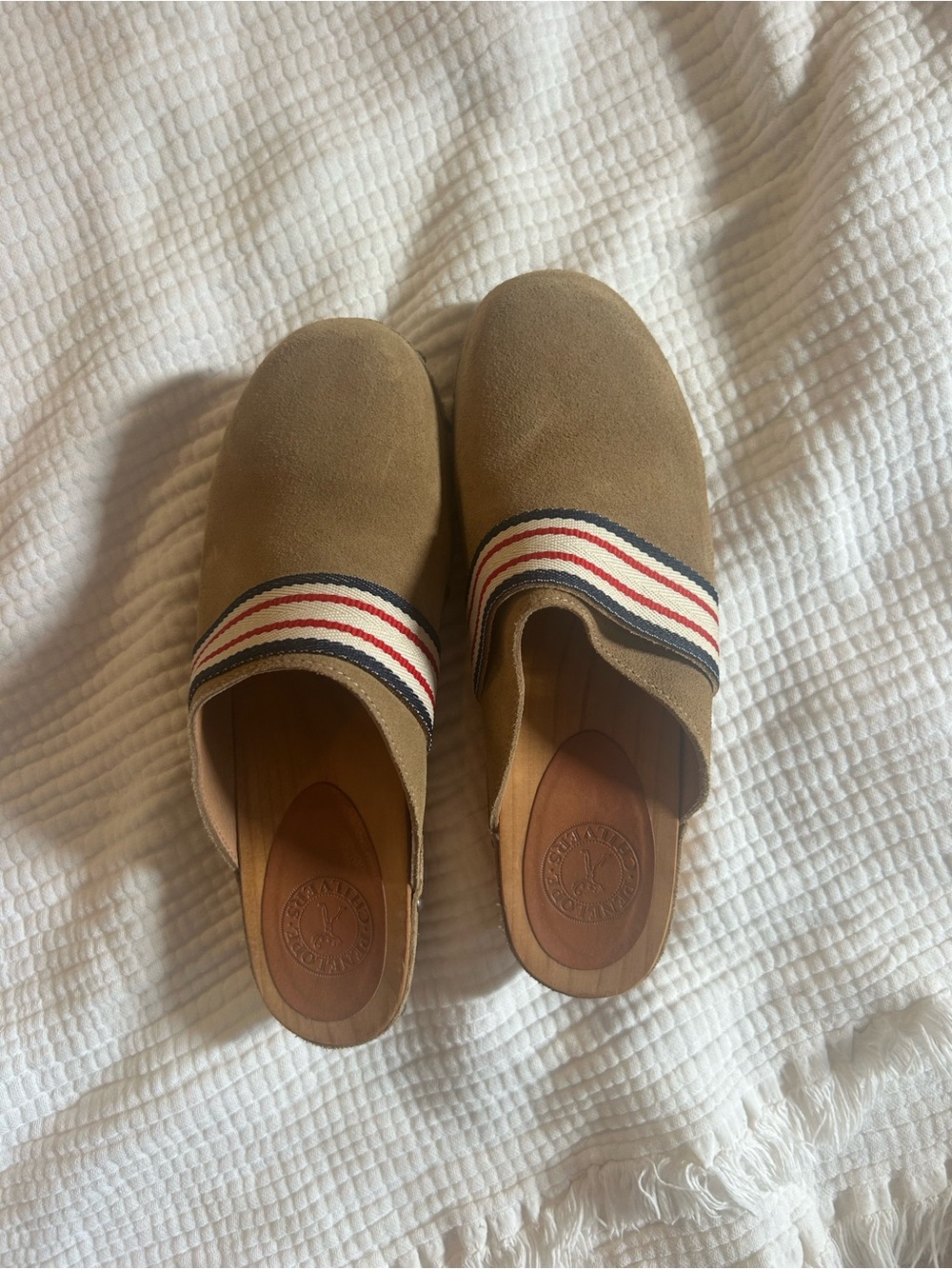 Penelope Chilvers Tan Suede Slip-On Loafers with Red, White & Navy Trim